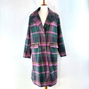 Avec Les Filles Pink and Green Plaid Relaxed Fit Wool Blend Coat